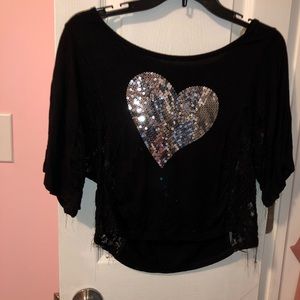 Black crop top lace panels silver sequin heart